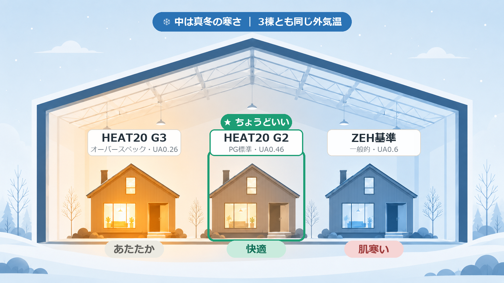 ぶるぶるアイスワールドの体感図。真冬の寒さに冷やした建物の中に、左からHEAT20 G3(あたたか・オーバースペック)、HEAT20 G2(快適・ちょうどいい)、ZEH基準(肌寒い)の3棟が並ぶ。