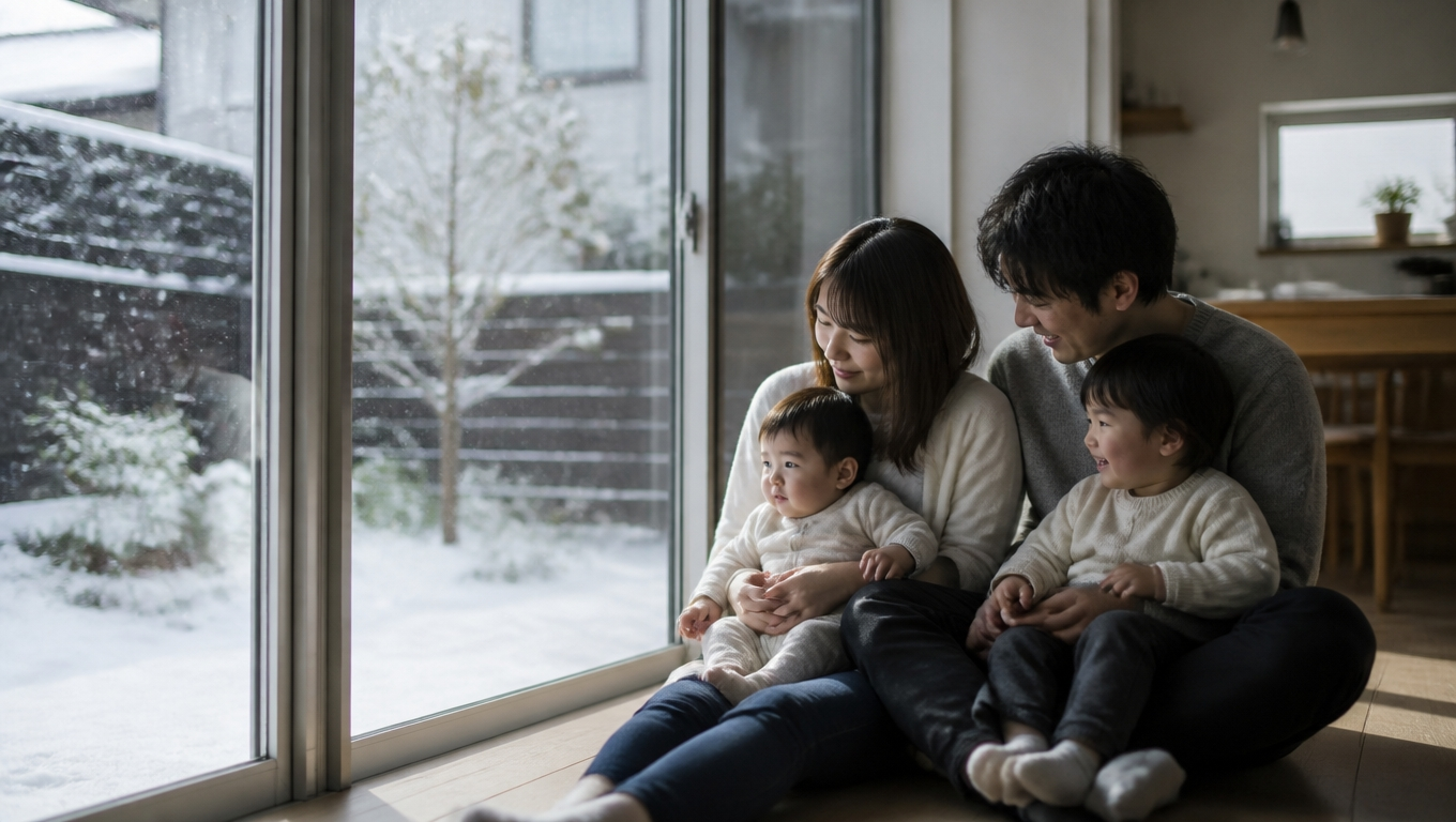 冬の朝、窓辺でくつろぐ家族(イメージ)